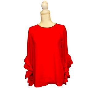 DANIEL CREMIEUX Red Round Neck Folding Flared Sleeve Thin Chiffon Shirt Size XS